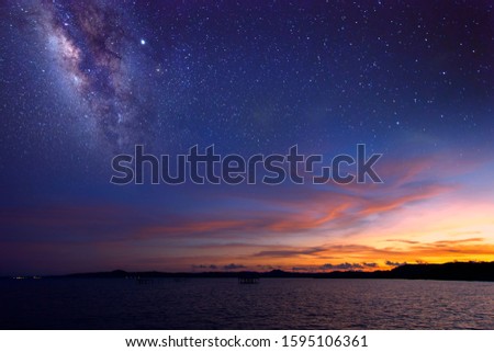 Starry night with Milky way at Kudat Sabah Malaysia. Image contain soft focus and blur due to wide aperture and long exposure. image also contain grains and noise due to high ISO.