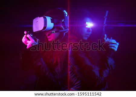 Woman with virtual reality headset and gamepad and his virtual gaming avatar. Image with glitch effect.