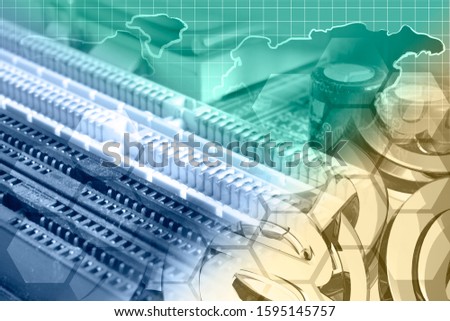 Abstract computer background with electronic device, mail signs and map.