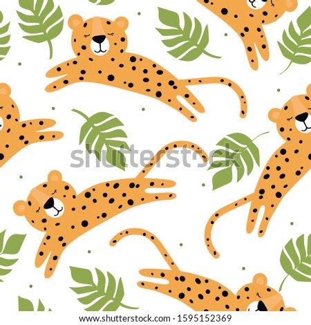 Leopards, leaves, hand drawn backdrop. Colorful seamless pattern with animals. Decorative cute wallpaper, good for printing. Overlapping background vector. Design illustration