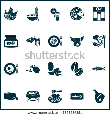 Nutrition icons set with ham, tuna can, pig and other healthy food elements. Isolated vector illustration nutrition icons.