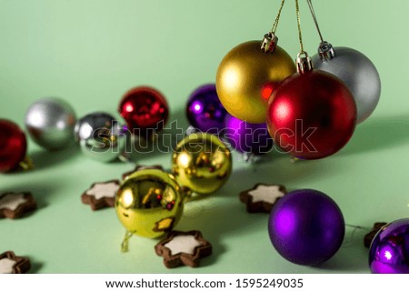 Festive Christmas or New Year background. Christmas multi-colored red blue silver and gold balls. Holiday background