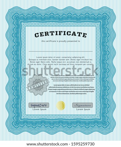 Light blue Certificate template. Vector illustration. Printer friendly. Nice design. 