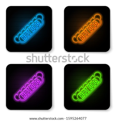 Glowing neon Hotdog sandwich icon isolated on white background. Sausage icon. Fast food sign. Black square button. 