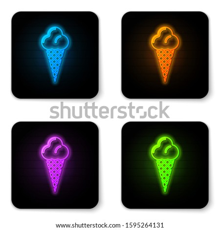Glowing neon Ice cream in waffle cone icon isolated on white background. Sweet symbol. Black square button. 