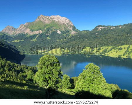 Beautiful view of mountain peaks Turner and Diethelm of over the alpine lake Wagitalersee (Waegitalersee), Innerthal - Canton of Schwyz, Switzerland (Kanton Schwyz, Schweiz)
