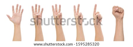 Hand isolated on white background, Hand counts from zero to five. with clipping path