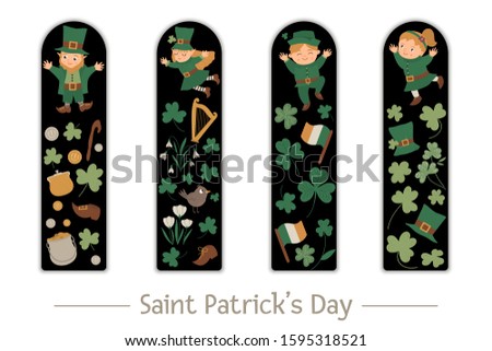Vector Saint Patrick’s Day set of bookmarks for children. Cute leprechaun, fairy, shamrock on black background. holiday themed vertical layout card templates. Stationery for kids