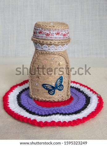handmade bottles, decorative tableware, tableware decorated with threads, wedding bottles