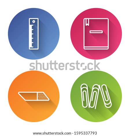 Set line Ruler, Notebook, Eraser or rubber and Paper clip. Color circle button. Vector