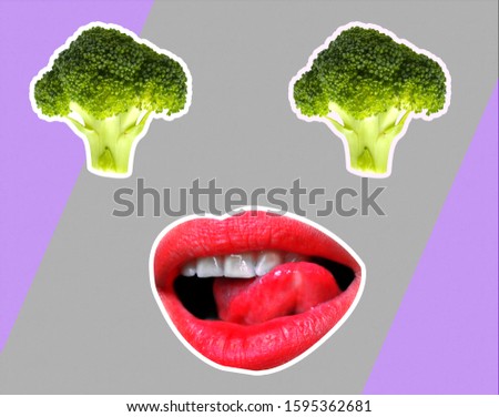 Style food concept. Broccoli instead of eyes with lips. Contemporary art collage. Abstract surrealism and minimalist