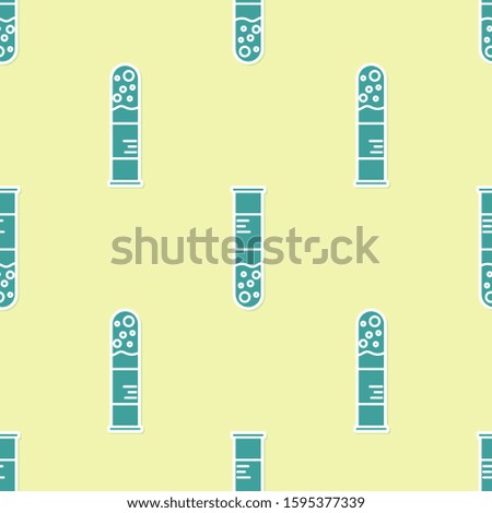 Green Test tube and flask chemical laboratory test icon isolated seamless pattern on yellow background. Laboratory glassware sign.  Vector Illustration