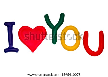 Word love in cartoon style made of multicolored plasticine. Isolated background. St. Valentine's Day. Concept for design.