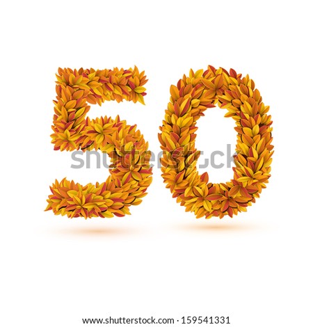 50 number of autumn fall bright orange leaves. Vector word template