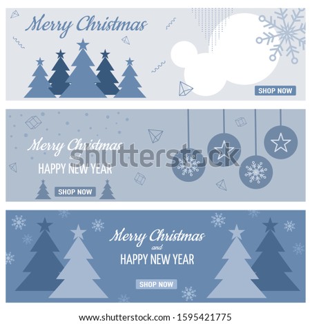 Merry Christmas and Happy New Year Sale horizontal banner, trees, snowflakes on blue gray white background, Vector illustration, Special offer, Festive Holiday
