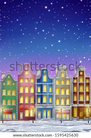 
Illustration of  winter european old town, on the background of the starry sky. EPS 10 contains transparency.