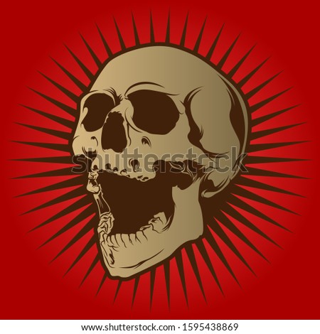 Skull head clip art vector with sunburst illustration for shirt design, poster, logo. Isolated on red background. Eps 10.