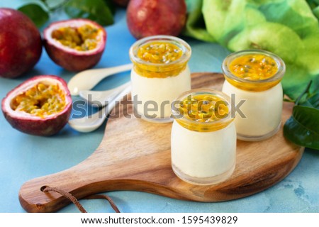 Passion fruit Panna cotta with passion fruit jelly, Italian dessert, homemade cuisine.
