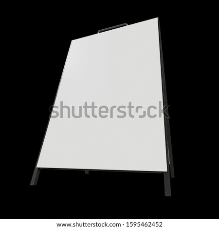 Sandwich board with metal parts. Blank menu outdoor display with clipping path. Trade show booth white and blank. 3d render on black background. High Resolution Template for your design.