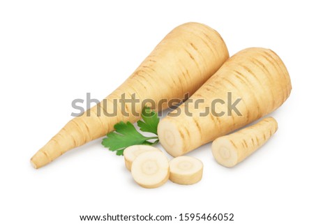 Parsnip root and slices with parsley isolated on white background with clipping path Royalty-Free Stock Photo #1595466052