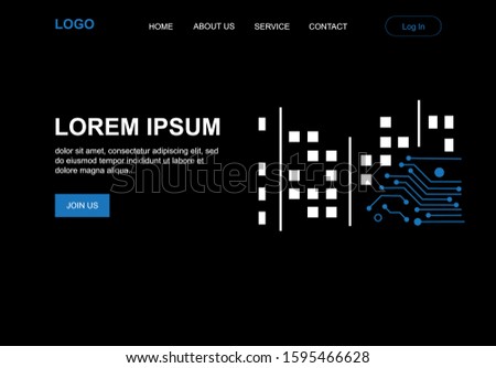 blue circuit board and city, night scene vector landing page template