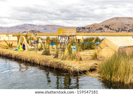 Floating Islands on Lake Titicaca Puno, Peru, South America, thatched home. Dense root that plants Khili interweave form natural layer about one to two meters thick that support islands