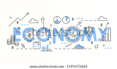 Economy word colorful lettering composition vector illustration. Creative typography with circular diagram, growing graph, coins, money linear icons. Blue letters isolated on white background.