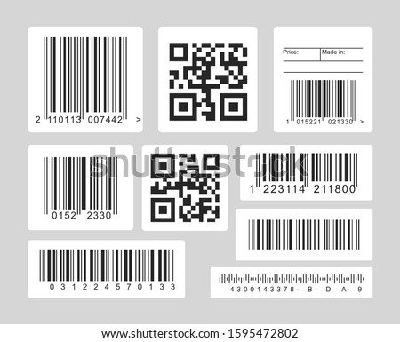 Barcode black and white vector illustrations set. Linear, one and dimensional codes for optical scanners, barcode readers template. Monochrome icons collection isolated on grey background.