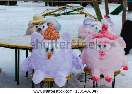 The characters of the cartoon "Smeshariki" of snow. Snow figures. New year 2020. Russia