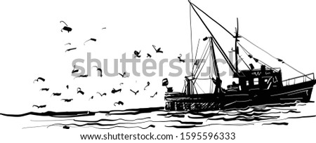 The vector sketch of the commercial fishing boat on the wave in the ocean