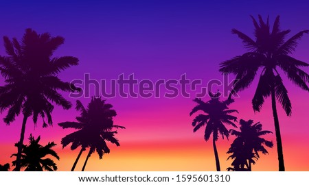 Black palm trees silhouettes at colorful sunset background, vector tropic banner illustration background
