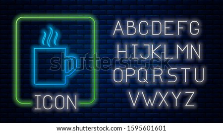 Glowing neon Coffee cup flat icon isolated on brick wall background. Tea cup. Hot drink coffee. Neon light alphabet. 