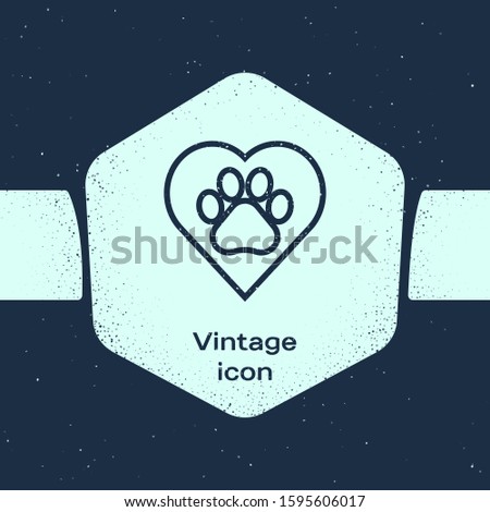 Grunge line Heart with animals footprint icon isolated on blue background. Pet paw in heart. Love to the animals. Monochrome vintage drawing. 