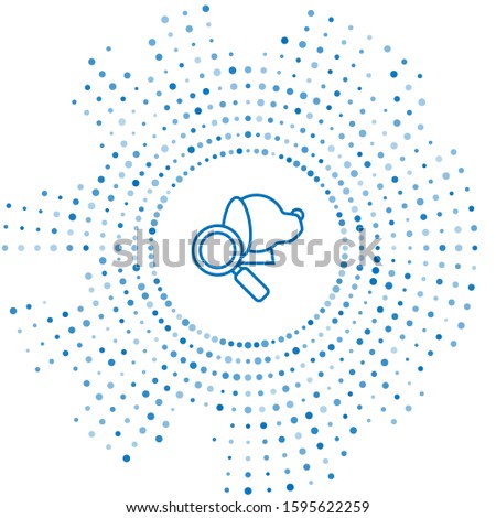 Blue line Veterinary clinic symbol icon isolated on white background. Magnifying glass with dog veterinary care. Pet First Aid sign. Abstract circle random dots. 