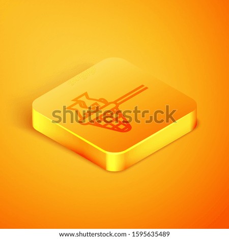 Isometric line Fishing net with fish icon isolated on orange background. Orange square button. 