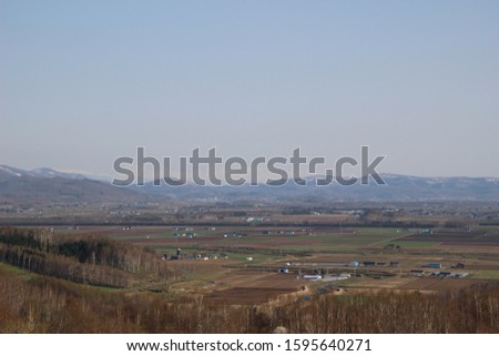 Spring countryside town from high place in Hokkaido, Japan
