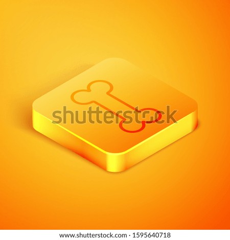 Isometric line Dog bone icon isolated on orange background. Pets food symbol. Orange square button. 