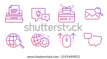 Web search, Typewriter and Seo gear line icons set. Loyalty card, Search mail and Swipe up signs. Idea lamp, Speech bubble symbols. Find internet, Writer machine. Technology set. Vector