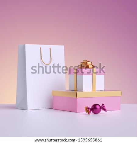 3d render. Commercial shopping concept, poster mockup. Shopping bag, wrapped gift box, candy isolated on pastel pink background. Product display for advertisement.