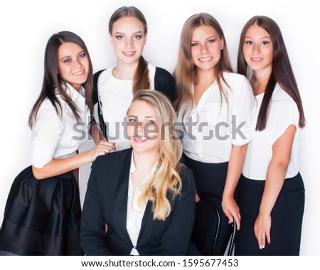 lot of businesswomen happy smiling celebrating success of team victory on work, dress code black and white official, lifestyle real working people concept
