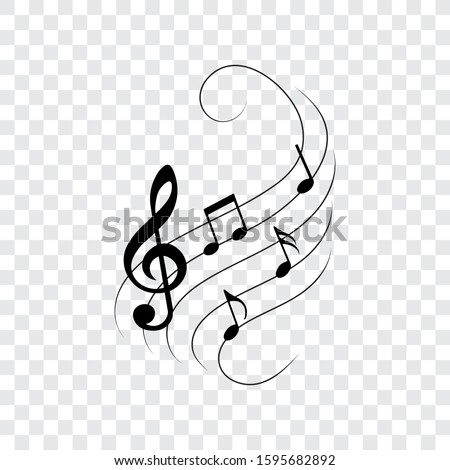 Music notes on wavy lines with swirls, vector illustration. Royalty-Free Stock Photo #1595682892