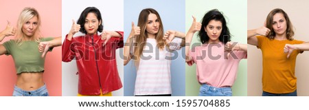 Set of women over isolated colorful background making good-bad sign. Undecided between yes or not