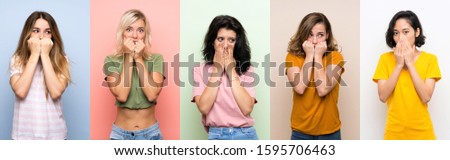 Set of women over isolated colorful background nervous and scared putting hands to mouth