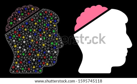 Glowing mesh open mind icon with lightspot effect. Abstract illuminated model of open mind. Shiny wire carcass triangular network open mind icon. Vector abstraction on a black background.