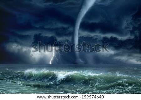 Nature force background - huge tornado, bright lightning in dark stormy sky, stormy sea, big waves Royalty-Free Stock Photo #159574640