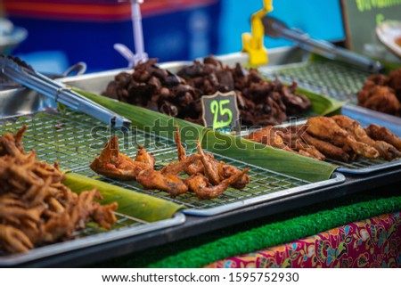 Pattaya, Thailand, December 21, 2019 :Picture of street food of Thailand Fried chicken and grilled chicken are popular.