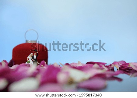 Miniature photography - outdoor marriage wedding concept, bride and groom walking on red white rose flower pile 