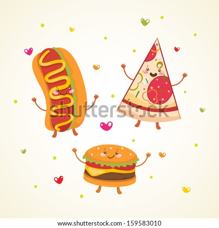 Cute fast food. Hot dog, pizza, burger.