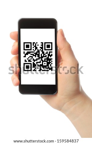 Hand holds smart phone with QR code on white background  Royalty-Free Stock Photo #159584837