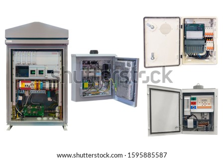 four electrical control Cabinet with an open door isolated on a white background Royalty-Free Stock Photo #1595885587